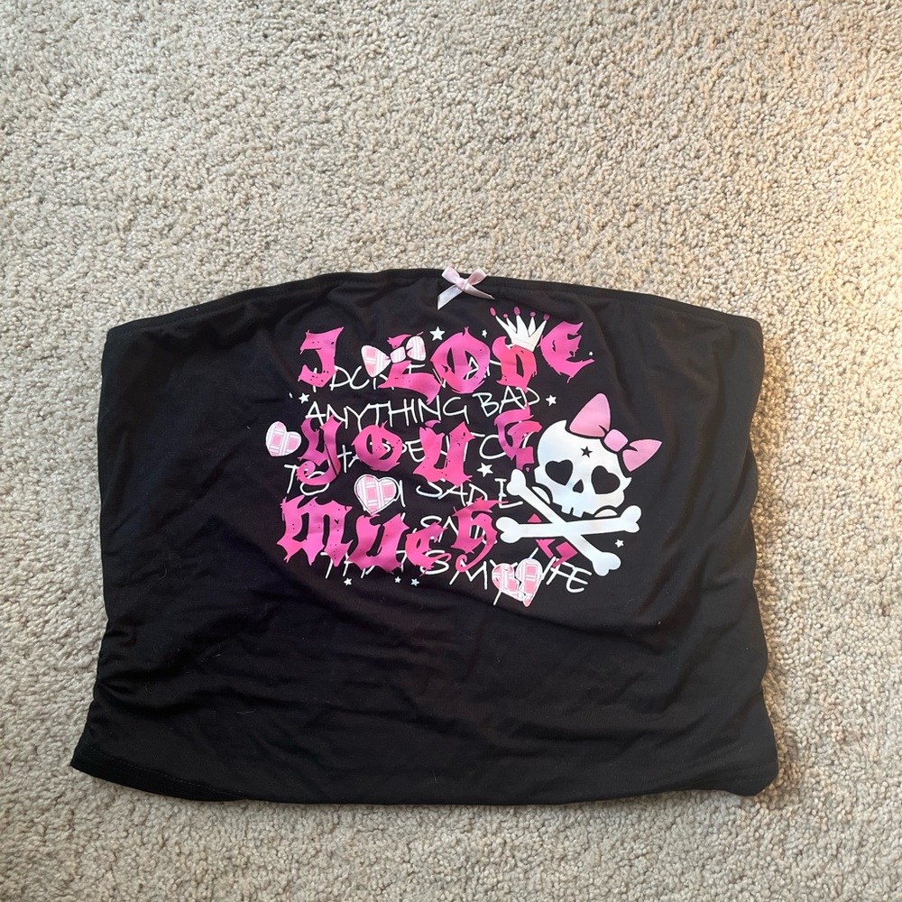 Black Tube Top with Pink Skull Graphic